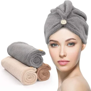 3 Pack Super Absorbent Microfiber Hair Towels with Button
