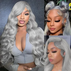 Silver Grey Brazilian Human Hair Wig Transparent Lace Front For Women